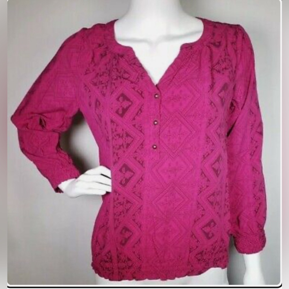 EUC St.John's Bay Women's Raspberry Blouse Floral LS V Neck Elastic Waist